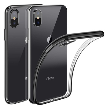 Husa iPhone XS MAX, Silicon ultraslim, cu spate transparent si cadru, Negru