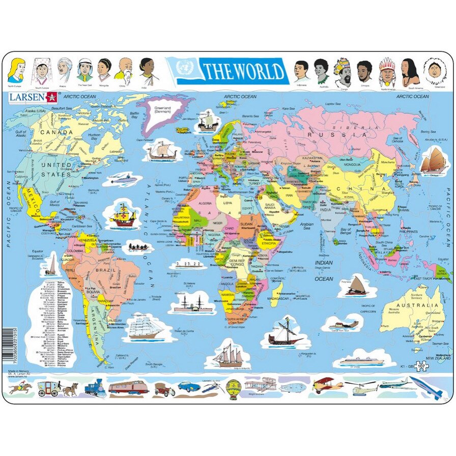Puzzle Larsen - Weltkarte (auf Englisch), 107 piese (48737)