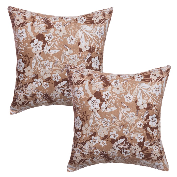 Set 2 fete de perna decorative, BonDia, Model Nola 101, 43 cm x 43 cm, Maro/Alb, Flori