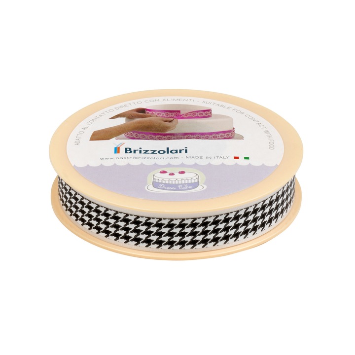 Banda decorativa Cake Dress pentru torturi si prajituri 20mmx20m, alb cu negru