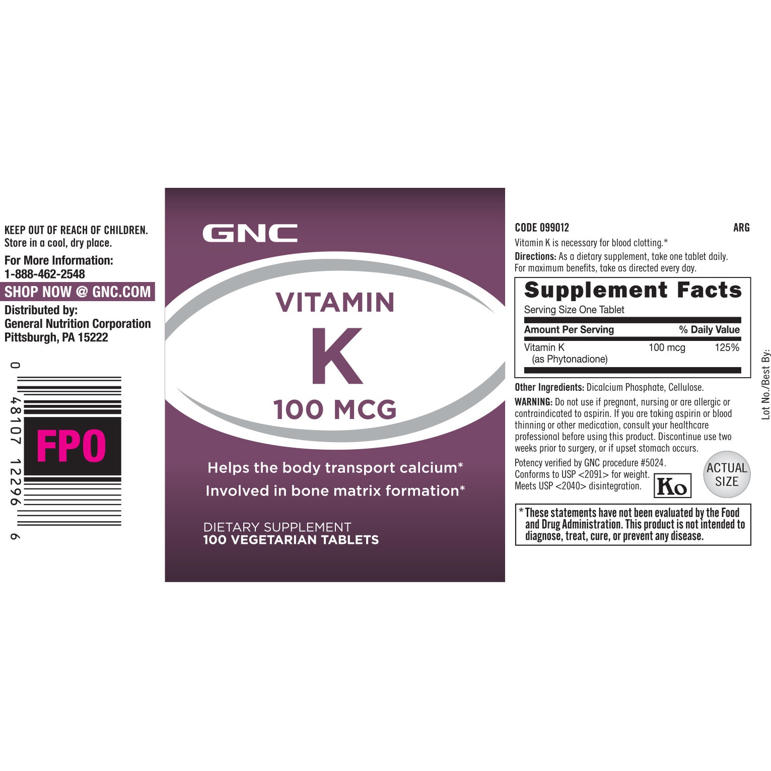 Vitamine, GNC Vitamin K 100 mcg, 100 Tablete Vegetale eMAG.ro