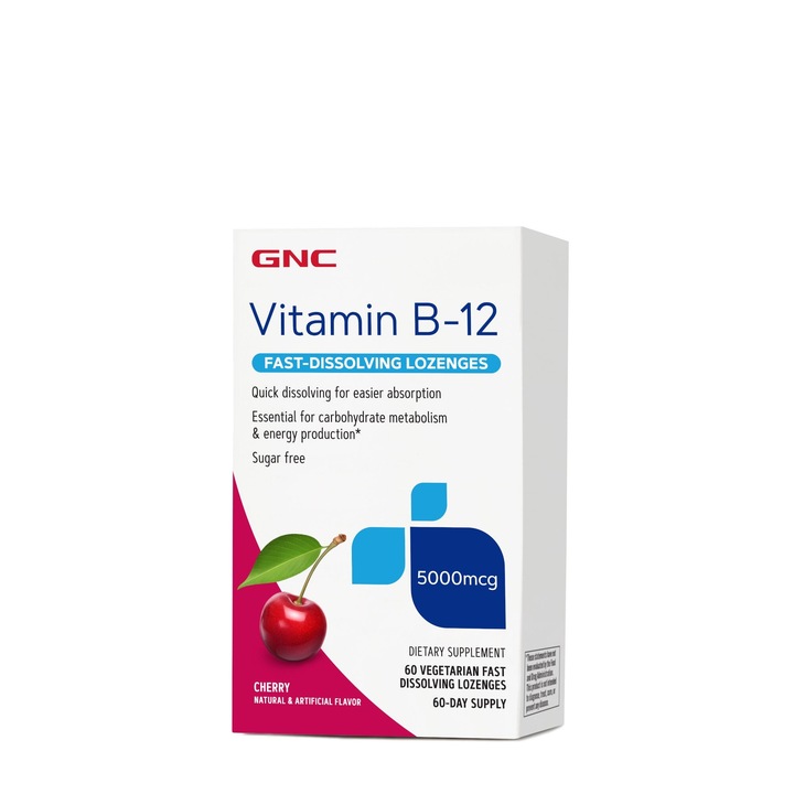 GNC Vitamina B-12 5000 mcg cu Dizolvare Rapida, cu Aroma de Cirese, 60 Drajeuri