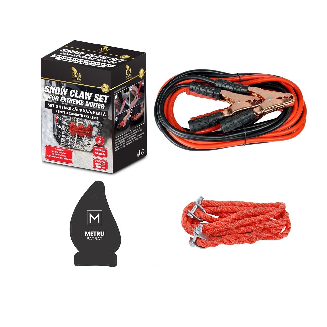 Pachet auto de iarna: gheare zapada conditii extreme (tip lanturi antiderapante) + franghie tractare 3,5 tone, 4 metri ( chinga / sufa / stanga / kinga ) + cabluri alimentare curent baterie 400 A + odorizant Metru Patrat CADOU