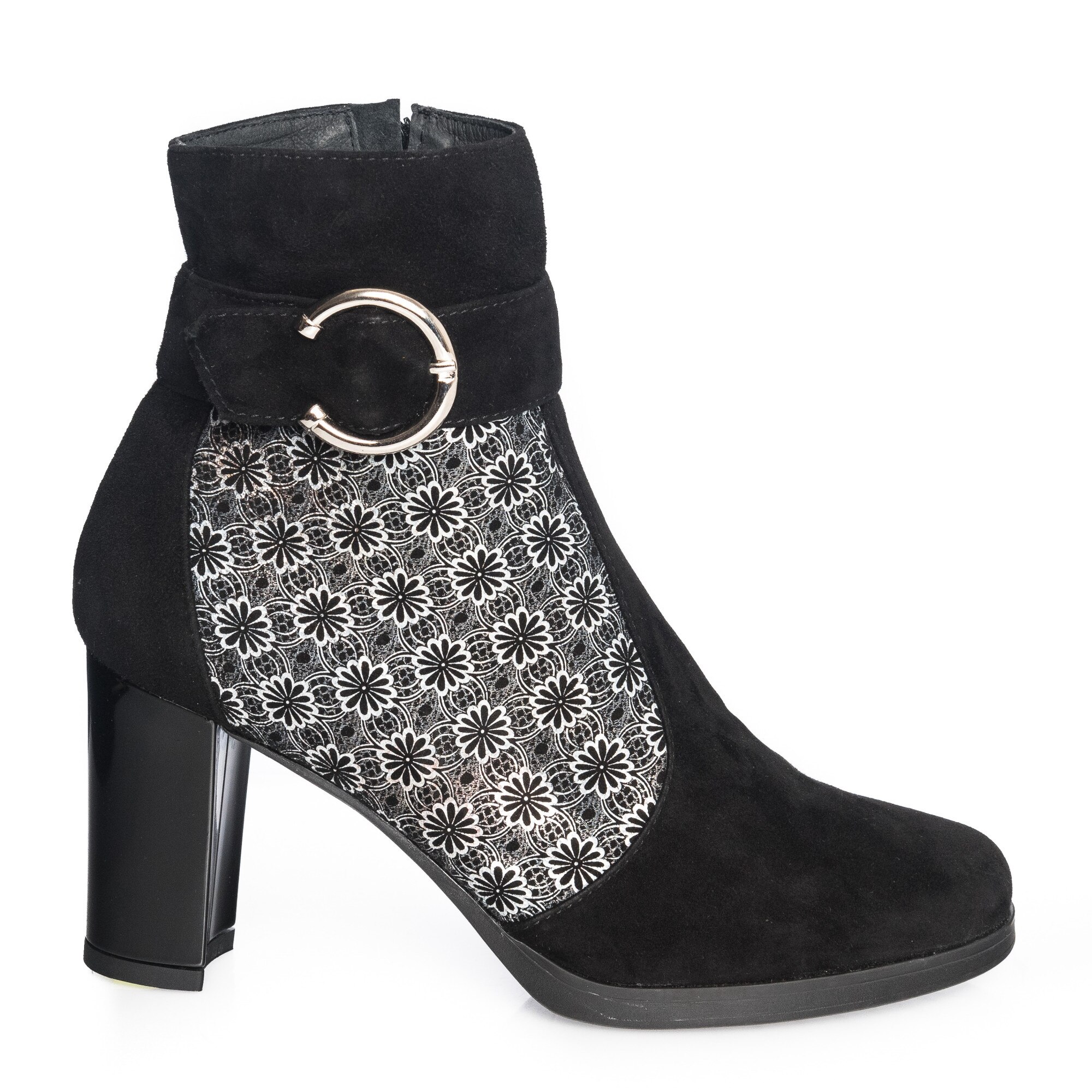 Ghete dama din piele naturala - Negru Antilopa + Flori - GX25 NAF