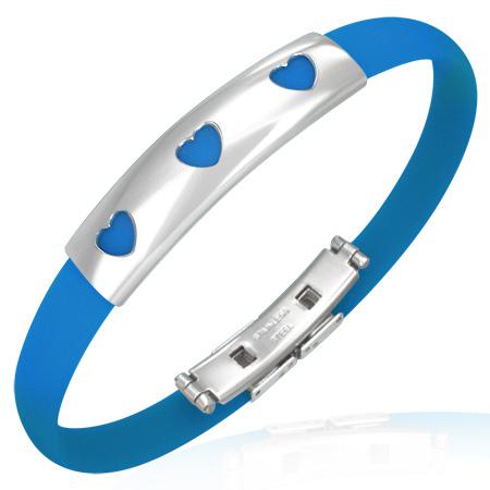 Bratara inox cu cauciuc albastru si 3 inimioare - BeSpecial 465, 22, Albastru