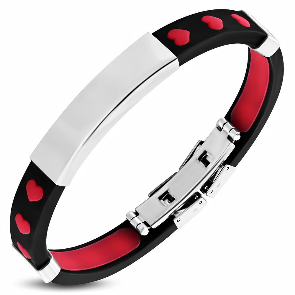 Bratara otel inox cu cauciuc si inimioare rosii - BeSpecial 1747, 22,2, Rosu