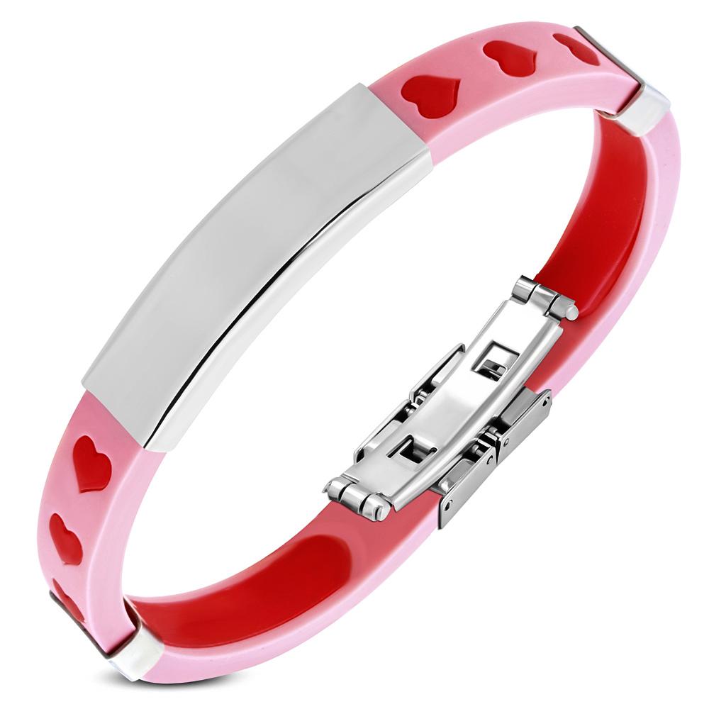 Bratara otel inox cu cauciuc si inimioare rosii - BeSpecial 1746, 23, Rosu