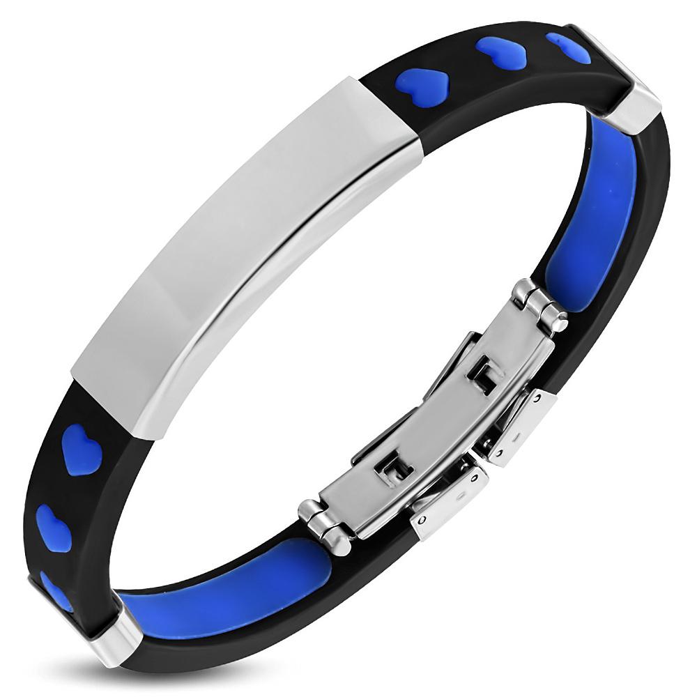 Bratara inox cu cauciuc si inimioare albastre - BeSpecial 1752, 22,5, Albastru