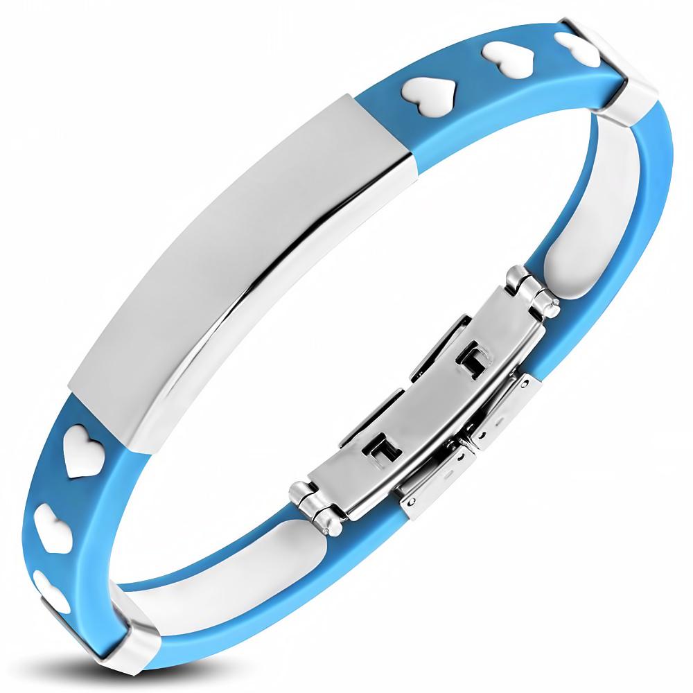 Bratara otel inox cu cauciuc si inimioare albe - BeSpecial 1757, 22,5, Albastru