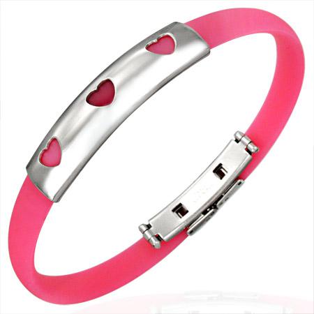 Bratara otel cu trei inimioare si cauciuc roz - BeSpecial