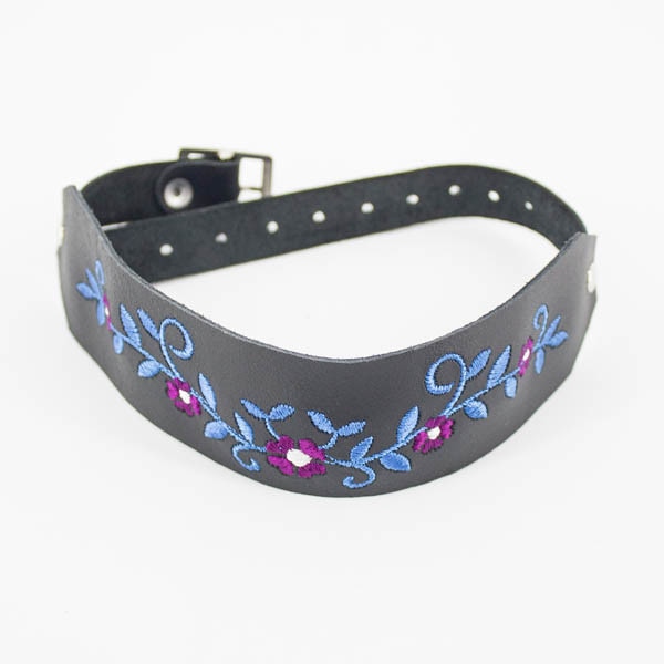 Choker din piele naturala, Love Leather, Brodat, Negru, Florat