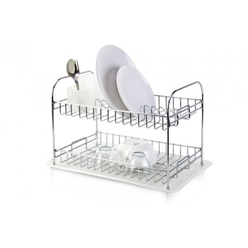 Suport pentru vase si tacamuri cu tavita din plastic Soda Home, cu 2 nivele, 47x32x31 cm, KB007 Suport pentru vase si tacamuri cu tavita din plastic Soda Home, cu 2 nivele, 47x32x31 cm, KB007