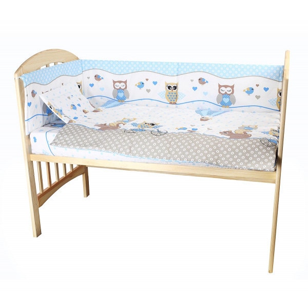 Lenjerie bumbac patut copii Bebe Royal 140*70 - 3 piese - Bufnita, bicicleta albastru