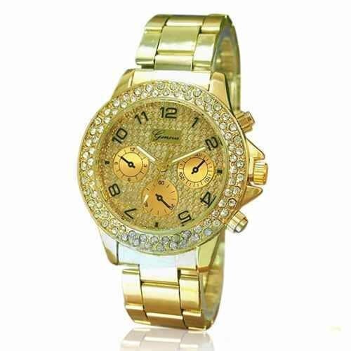 Ceas de dama Geneva cu cristale pe carcasa si cadran - auriu, cutie eleganta cadou