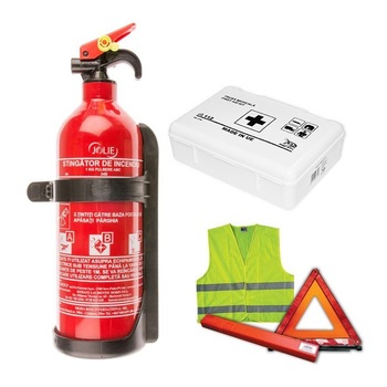 Kit siguranta auto omologat VagAuto compus din 1x Stingator Reincarcabil ,1x Trusa prim ajutor, 2 x Triunghiuri, 1 x Vesta reflectorizanta Kit siguranta auto omologat VagAuto compus din 1x Stingator Reincarcabil ,1x Trusa prim ajutor, 2 x Triunghiuri, 1 x Vesta reflectorizanta