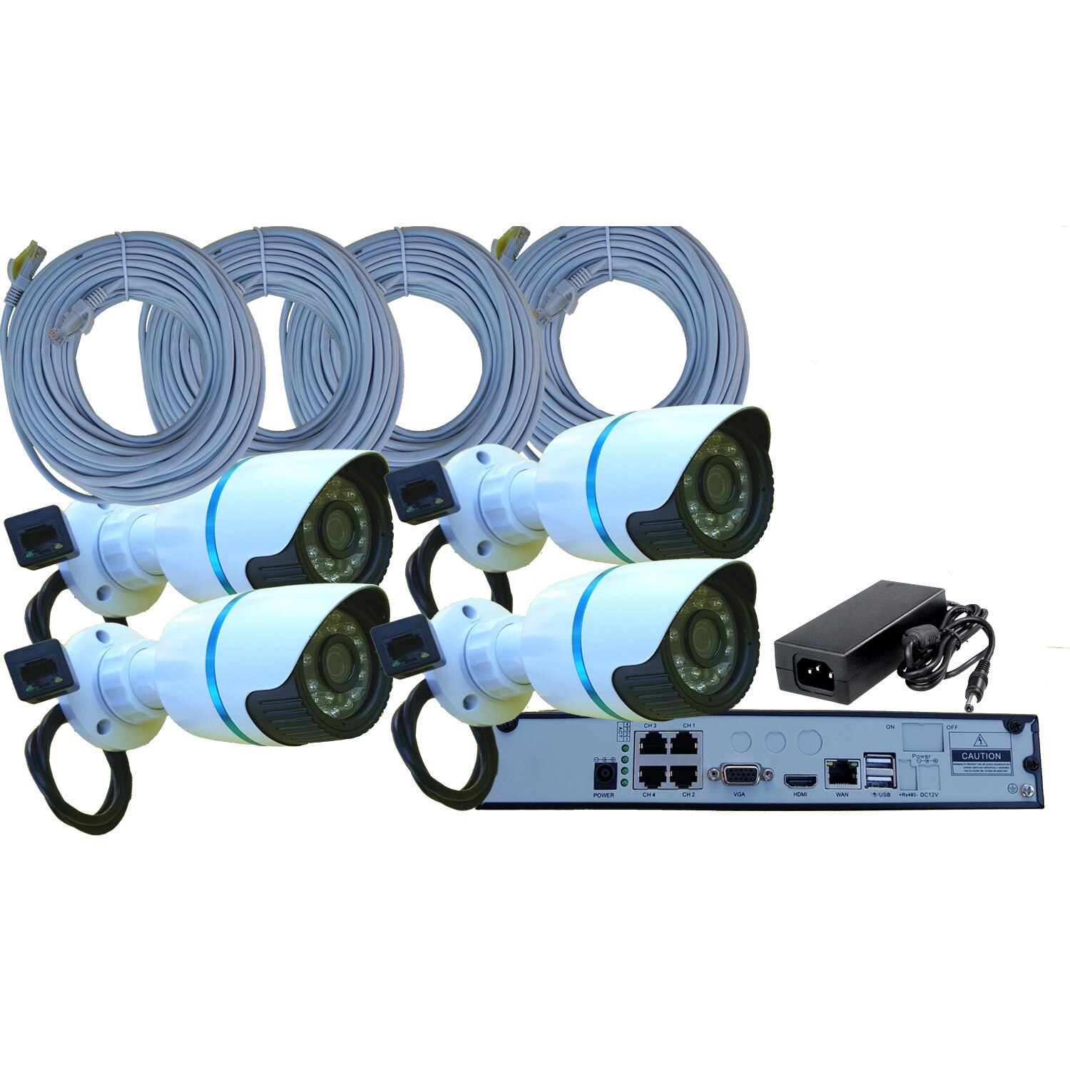 Kit Supraveghere cu IP NVR+4 camere de interior/ exterior cu IP POE LA 2 Mpixeli, vizibilitate la 15-20 metri pe timp de noapte
