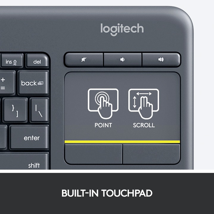 Tastatura Wireless Logitech K400 Plus Dark, Touchpad, USB, Black