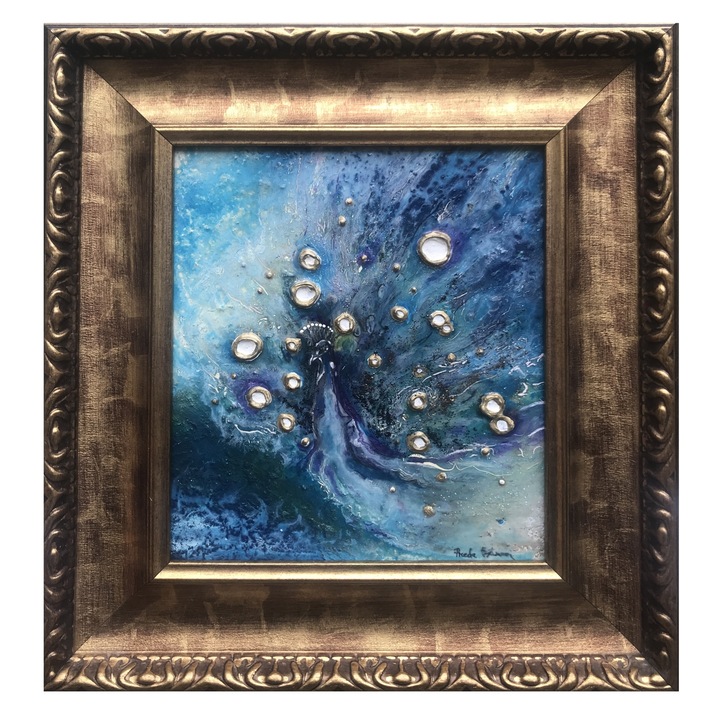 Paun, tablou cu rama lata aurie, Tablou abstract, pictura moderna contemporana, tablou decorativ Tablou inramat Pictura in ulei pe panza, tablou lacuit cu rasina epoxidica, tablou cu foita aur 39x42 cm