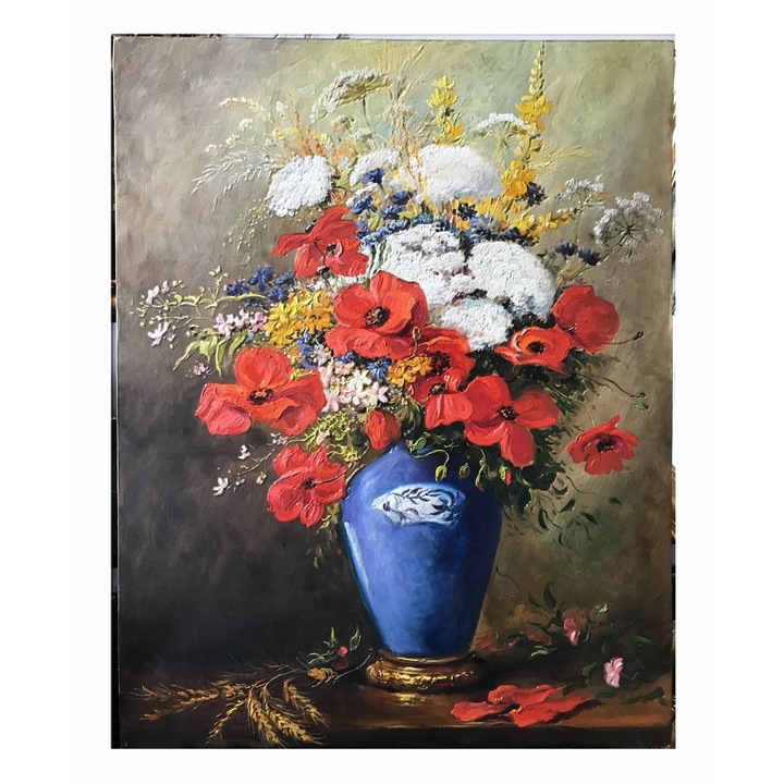 Tablou pictat manual, pictura cu flori in vaza 70x90 cm