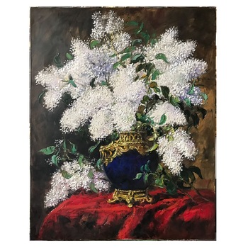 Tablou pictat manual Liliac in vaza, pictura cutit 69x88 cm Tablou pictat manual Liliac in vaza, pictura cutit 69x88 cm