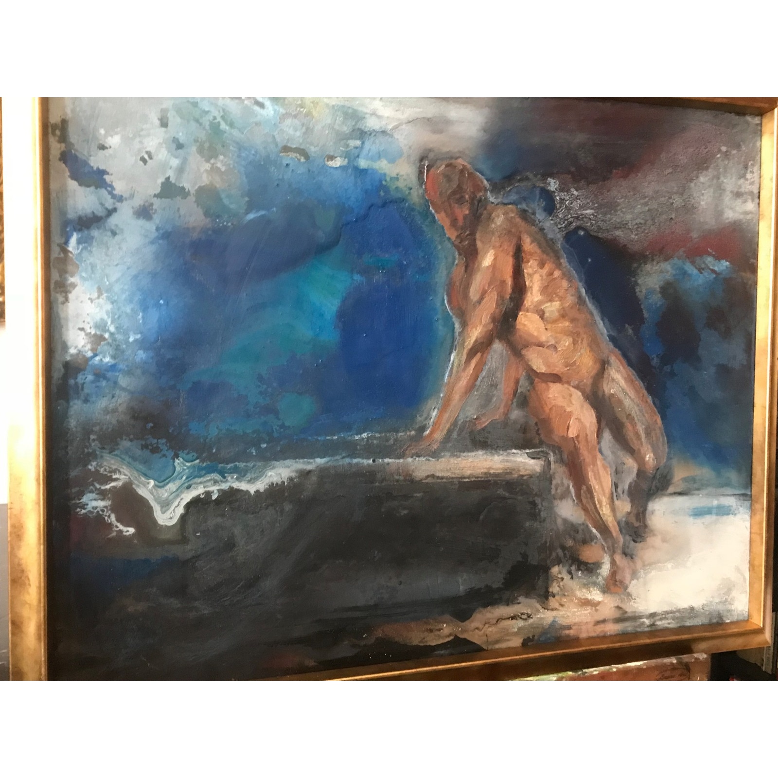 Nud barbat, , tablou cu pictura texturata, Culori calde , tablou original, pictura semnata si datata Pictura in ulei pe panza, 60x45 cm