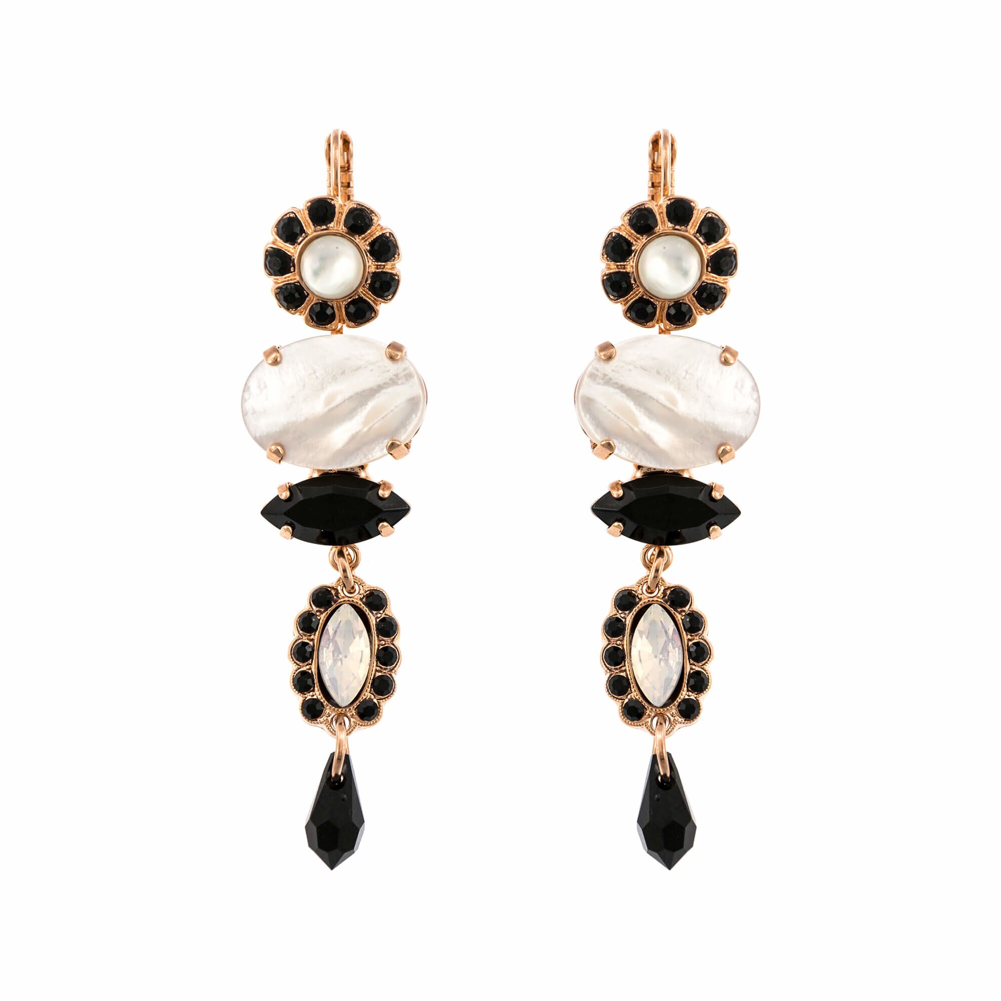 Cercei placati cu Aur roz de 24K, Cristale si Pietre semipretioase, St. Martin - Caribbean Life by Roxannes - Mariana Jewellery, Alb/Negru 1076-M87-3RG6