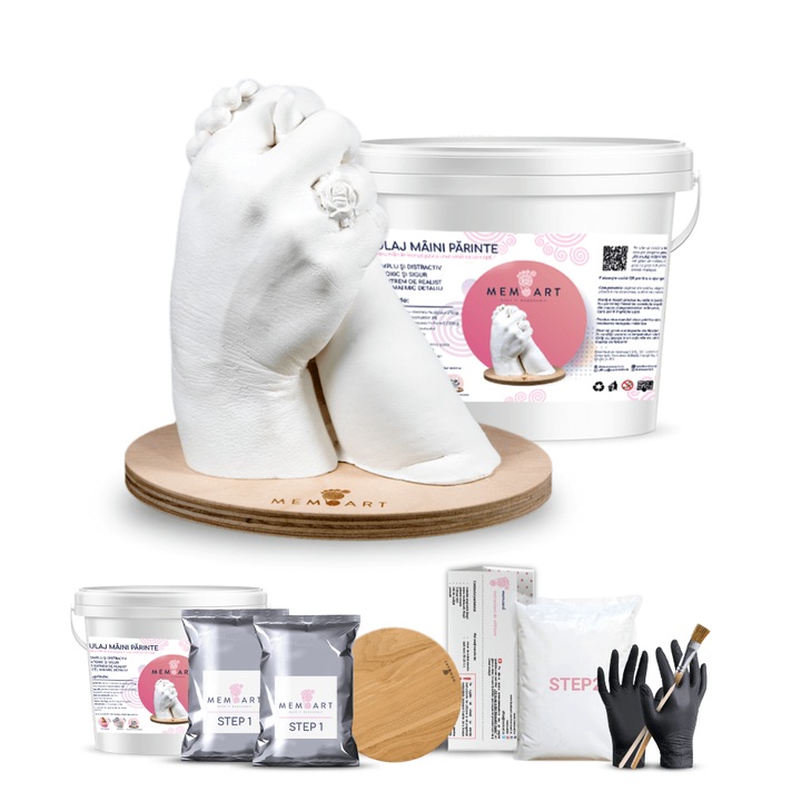 Kit mulaj maini 3D Parinte si Bebelus cu suport din lemn de fag, mainile a unui adult cu un copil, MemoArt