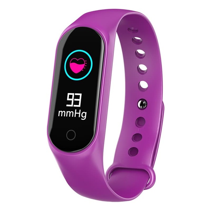Sport Motion 3 Fitness karkötő, Pulzusfigyelés, Lépések, Kalória, Üzenetértesítés, IP67 Vízálló, Lila Szilikon Karkötő, Lila Szín
