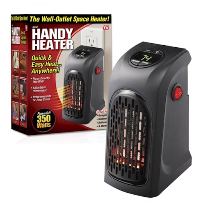 Мини вентилаторна печка Handy Heater, с таймер, Отопление/Охлаждане, Черен, 400W