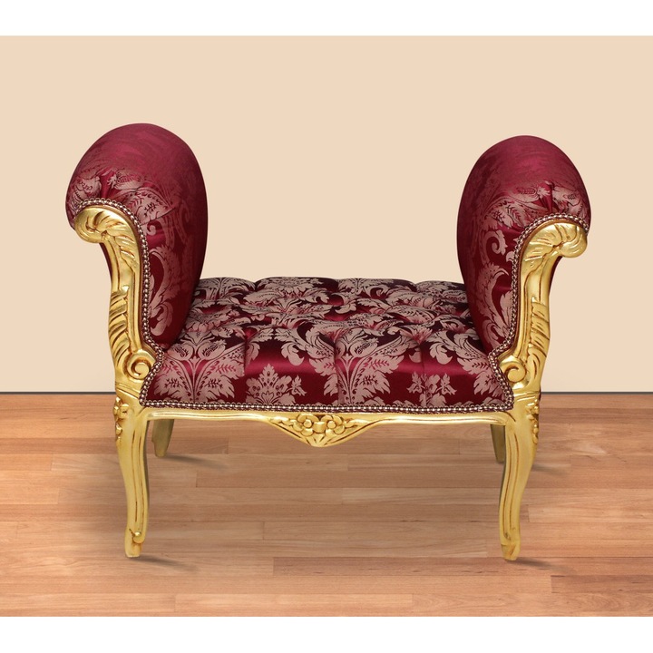 Taburet Clasic Baroc Cadru auriu lemn masiv, Tapiterie Bordo regal