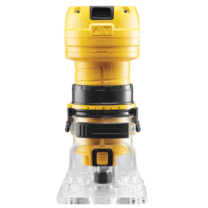 DeWalt DWE6005 Marógép, 590W, 34.000 ford/perc, 22mm lökethossz, 29mm marási átmérő + D-alakú talp + 6 mm-es csipeszek + másoló- és vezetőrendszer + pajzsok + 17 mm rögzített csavarkulcs + por elszívó adapter