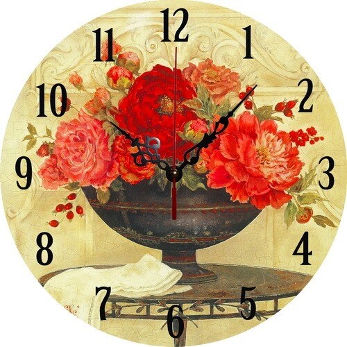 Ceas de perete S-Home din lemn, model cu flori rosii, analog, rotund, 34 cm