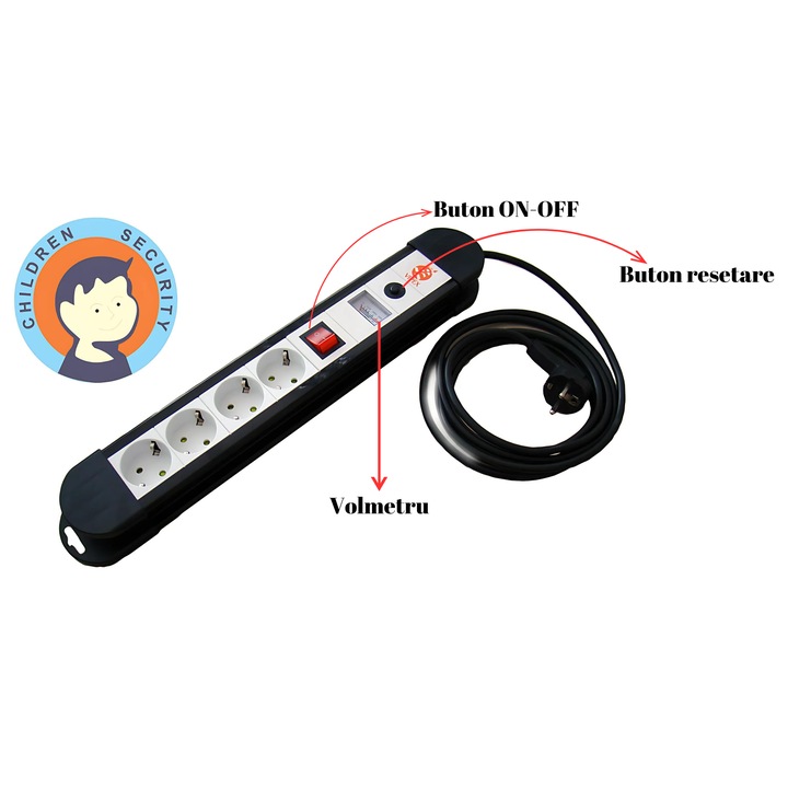 Prelungitor cu Protectie la Supratensiune Negru, 4 Prize 5m,3X1mm