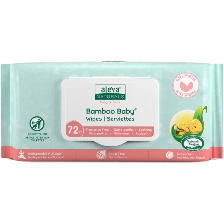 Servetele umede din fibre de bambus pentru piele sensibila, Aleva Naturals, 72 buc, 45 x 175 x 105 mm