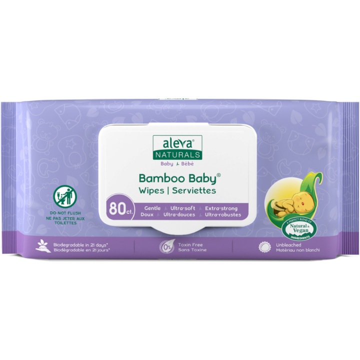 Servetele umede din fibre de bambus, Aleva Naturals, 80 buc, 45 x 175 x 105 mm