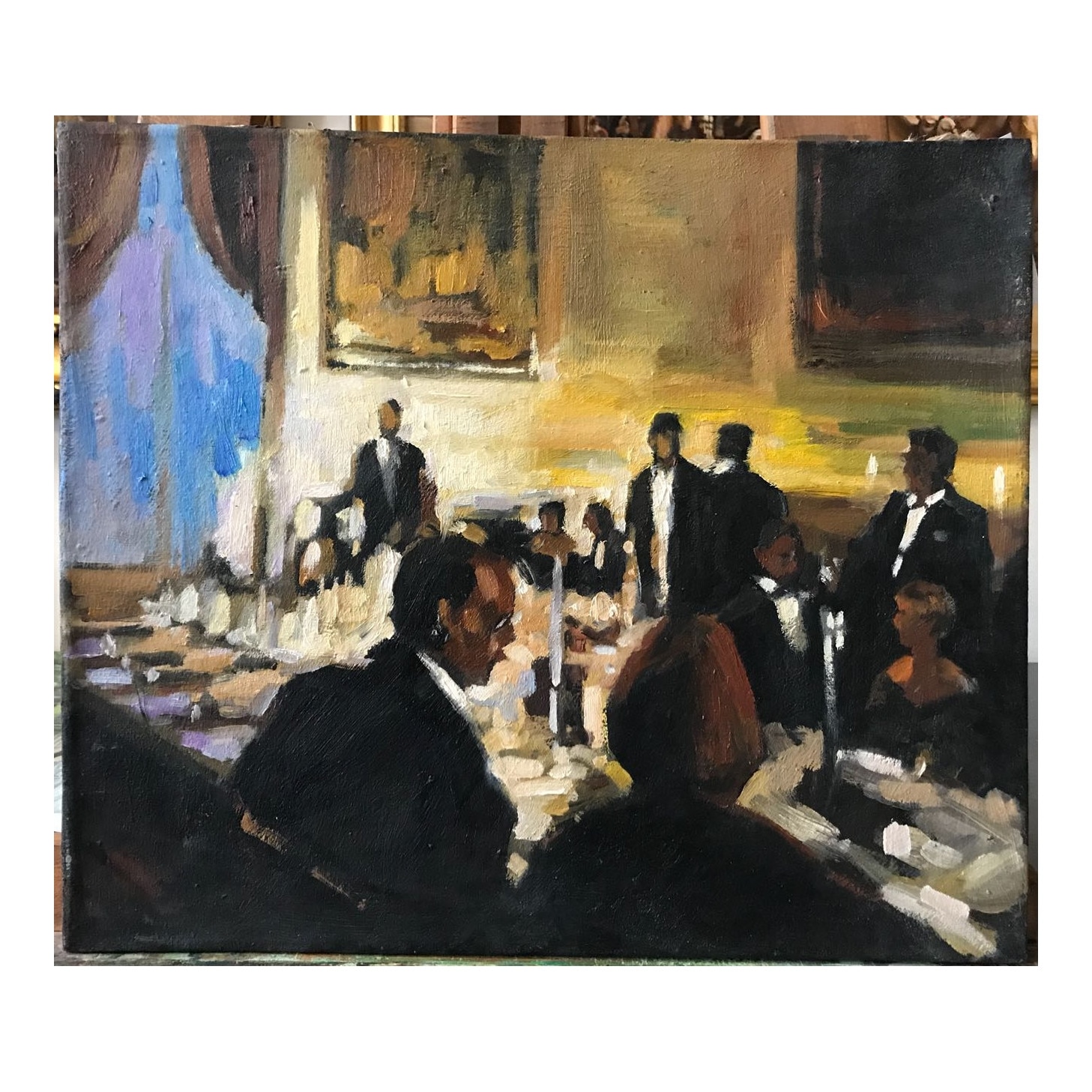 Cina festiva,Tablou cu peisaj urban, Tablou abstract, pictura moderna contemporana, tablou decorativ. Pictura in ulei pe panza, tablou fara rama decorativa 40x47 cm