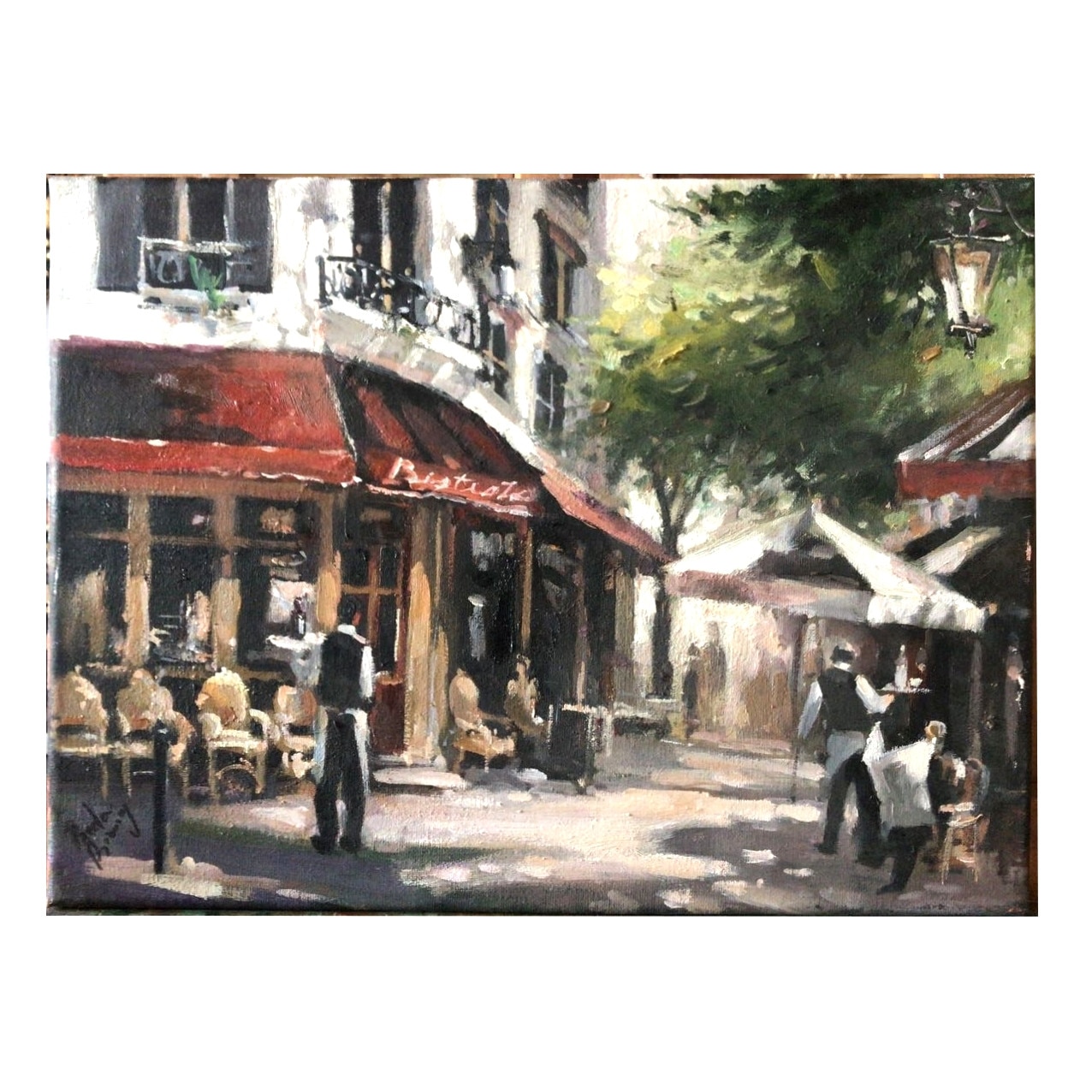Cafenea pe alee, tablou cu peisaj urban, Tablou abstract, pictura moderna contemporana, tablou decorativ. Pictura in ulei pe panza, 40x30 cm
