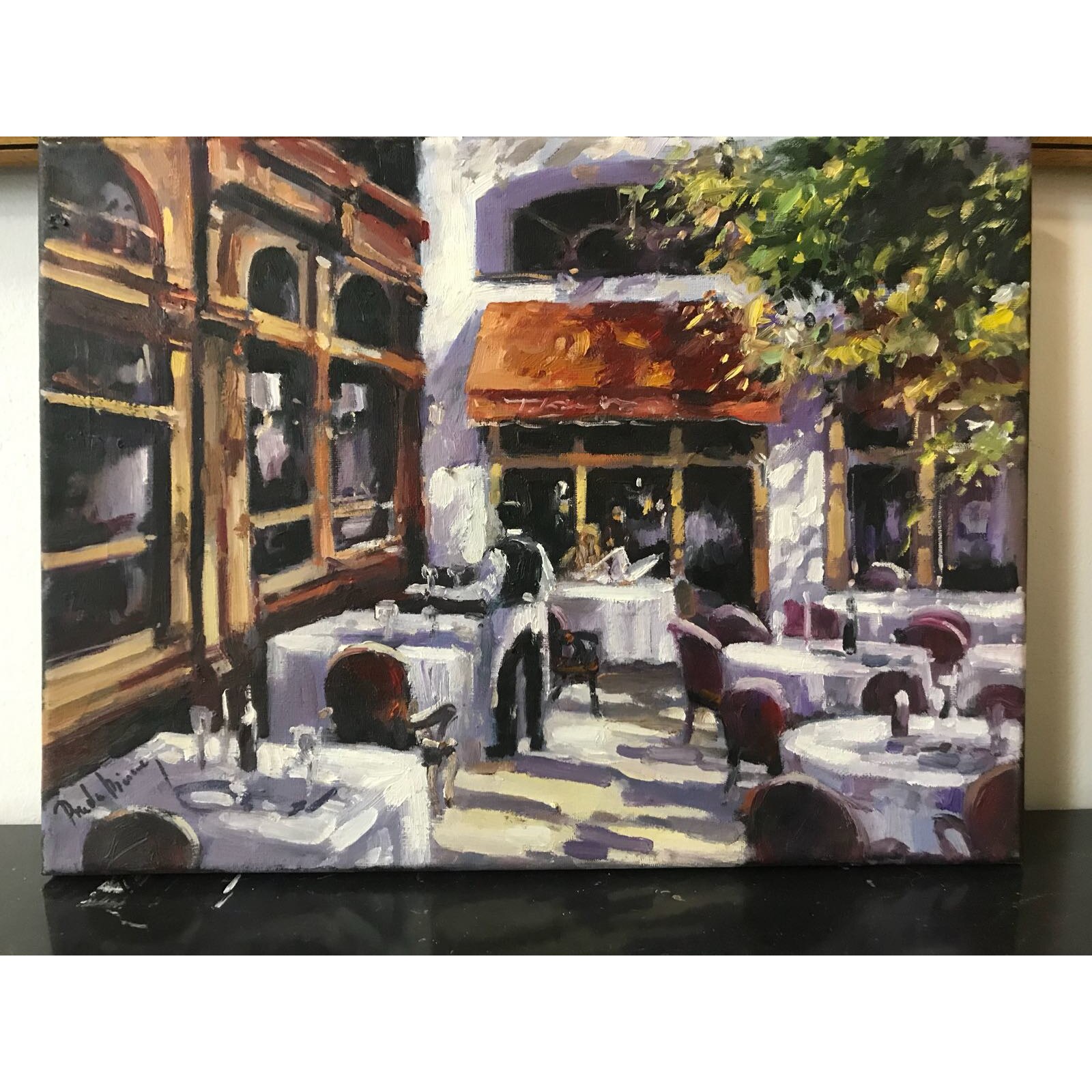 Cafeneaua, tablou cu peisaj urban, Tablou abstract, pictura moderna contemporana, tablou decorativ. Pictura in ulei pe panza, 40x30 cm