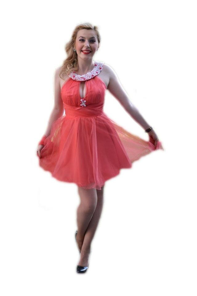 Rochie de ocazie tinereasca,aplicatii de strasuri si perle,D&J Exclusive, Corai