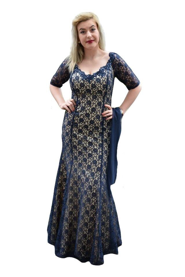 Rochie eleganta din dantela, D&J Exclusive, Bleumarin/Crem