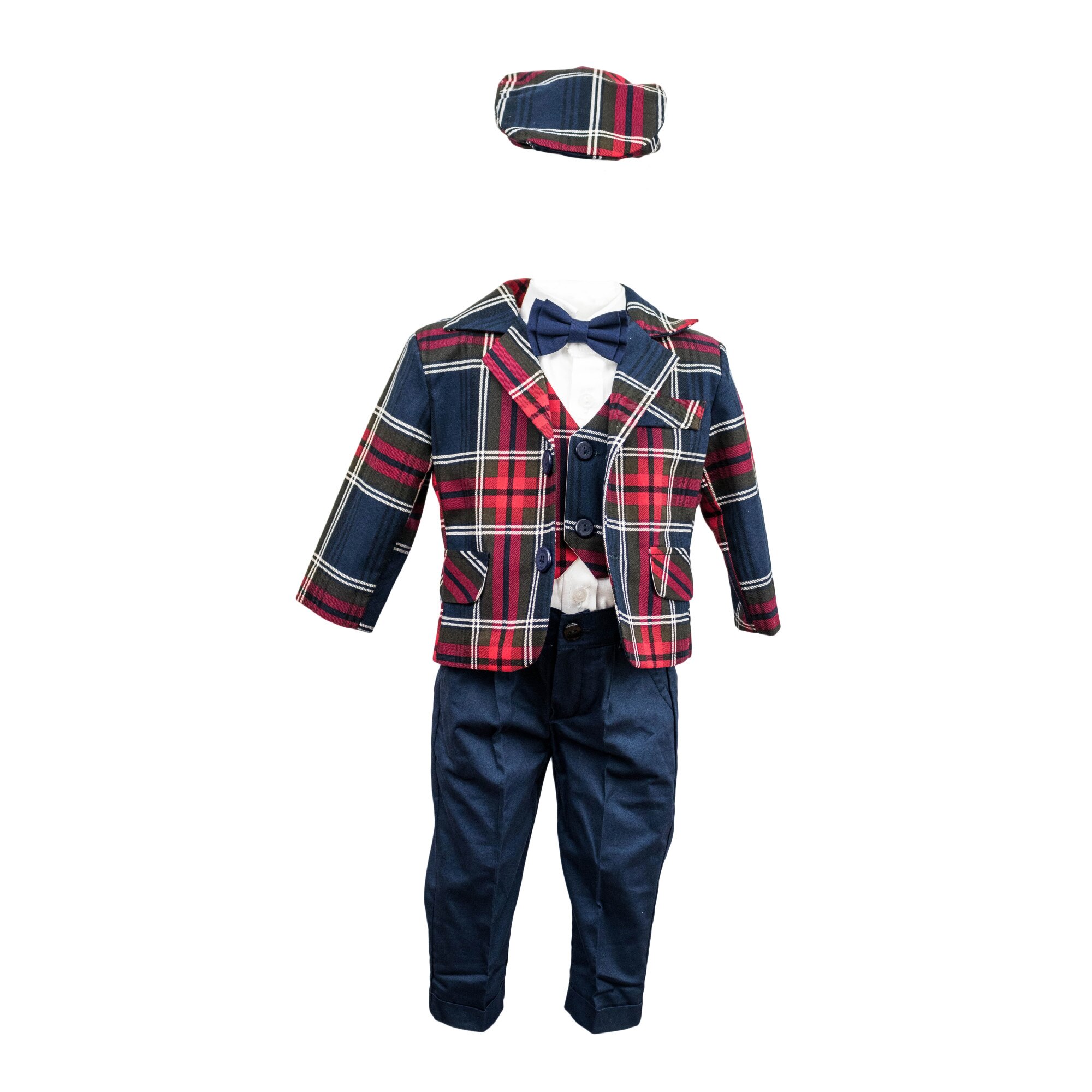 Costum botez Baby Boss in carouri bleumarin-rosii, varsta 6-9 luni