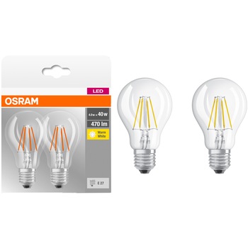 Set 2 becuri LED Osram A40, E27, 4W (40W), 470 lm, lumina calda Set 2 becuri LED Osram A40, E27, 4W (40W), 470 lm, lumina calda