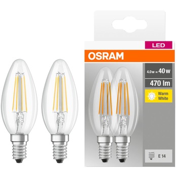 Set 2 becuri LED Osram Base Filament B40, E14, 4W (40W), 470 lm, lumina calda (2700K) Set 2 becuri LED Osram Base Filament B40, E14, 4W (40W), 470 lm, lumina calda (2700K)