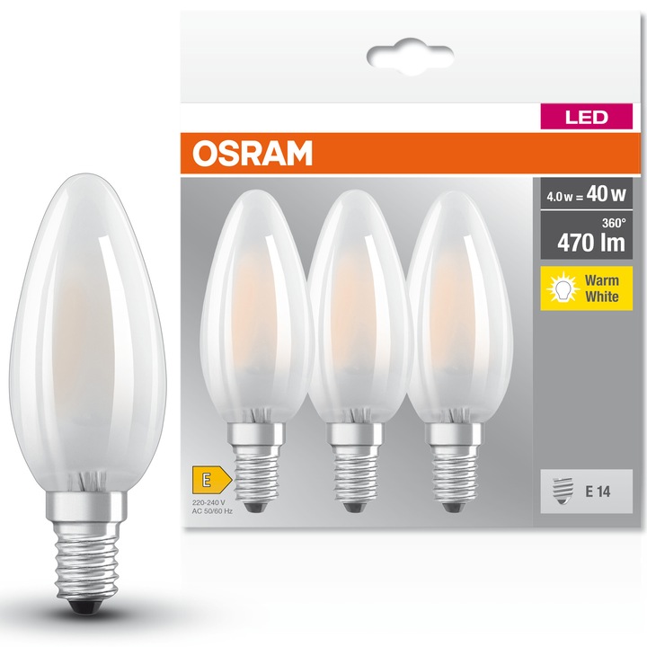 Комплект 3 крушки LED Osram B40, E14, 4W (40W), 470 лумена, Матови, Топла светлина, Енергиен клас Е