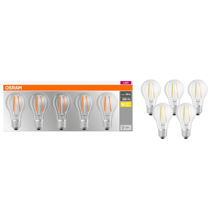 Set 5 becuri LED Osram Base Filament A60, E27, 7W (60W), 806 lm, lumina calda (2700K), clasa energetica E
