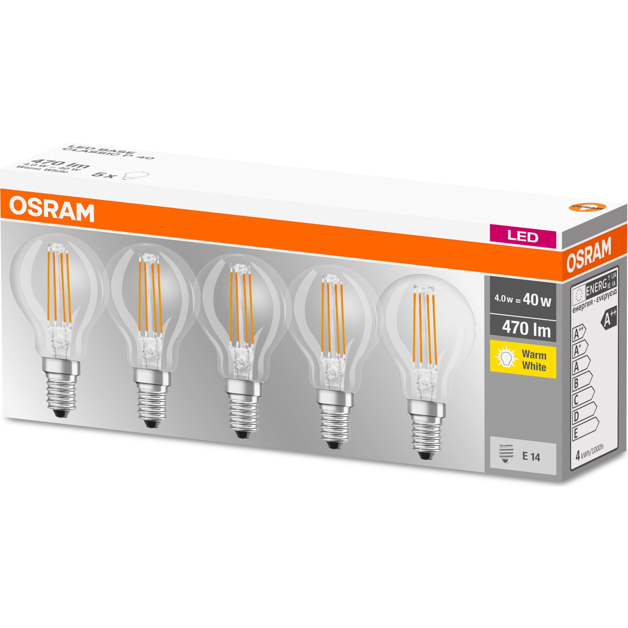 Set 5 becuri LED Osram, P40, E14, 4W (40W), 470 lm, lumina calda (2700K) 