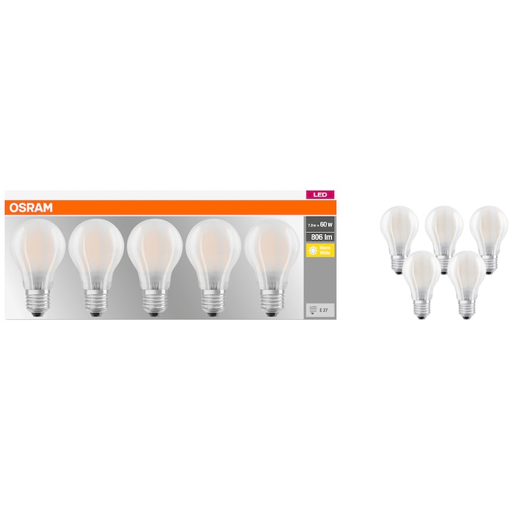 Комплект 5 крушки LED Osram A60, E27, 7W (60W), 806 лумена, Матови, Топла светлина, Енергиен клас E