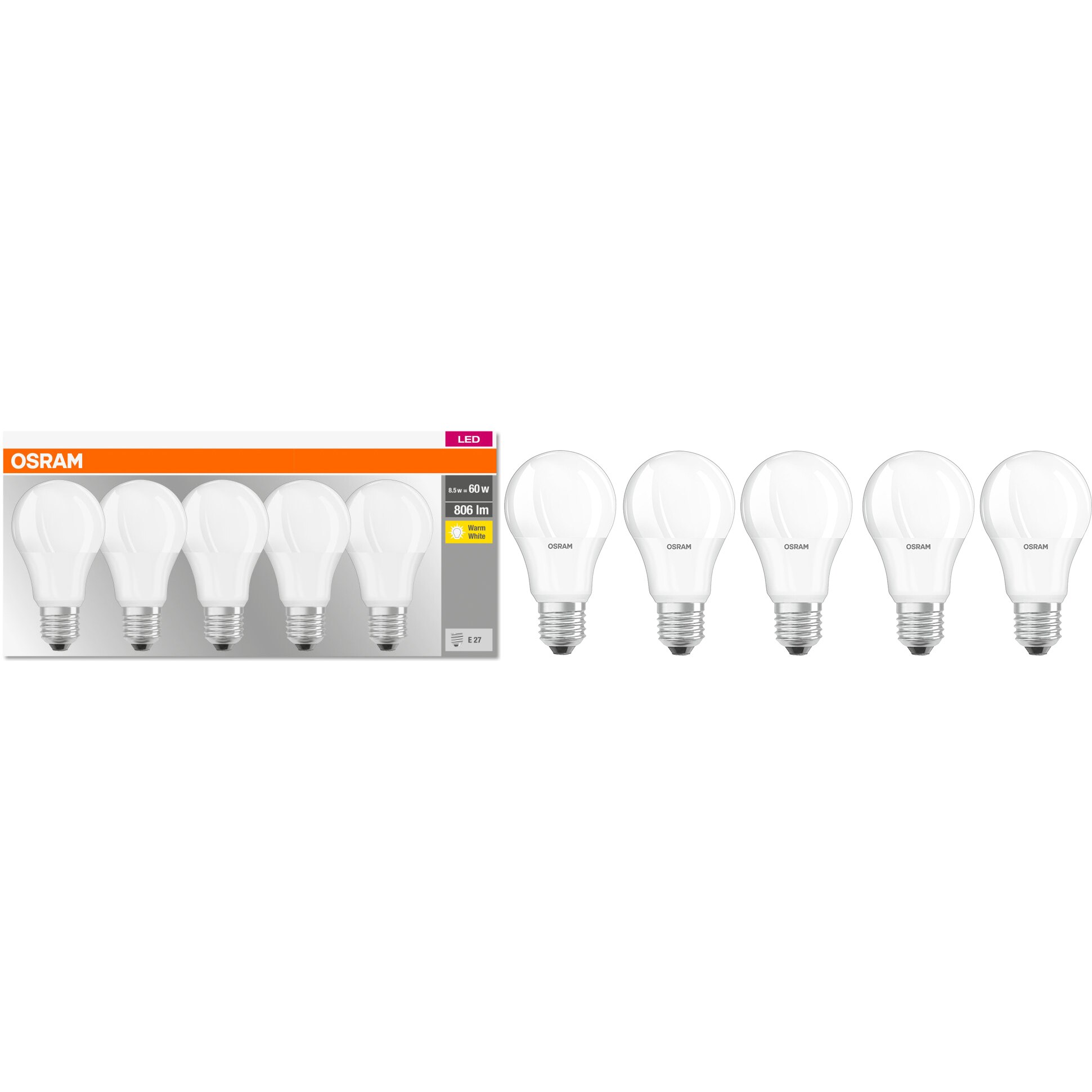 Set 5 becuri LED Osram Base Classic A60, E27, 8.5W (60W), 806 lm, lumina calda (2700K), clasa energetica F