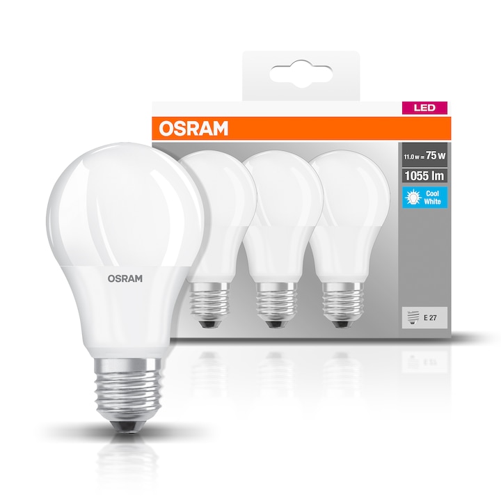 Osram A75 3 darabos LED izzó készlet, E27, 10.5W (75W), 1055 lm, matt, hideg fény