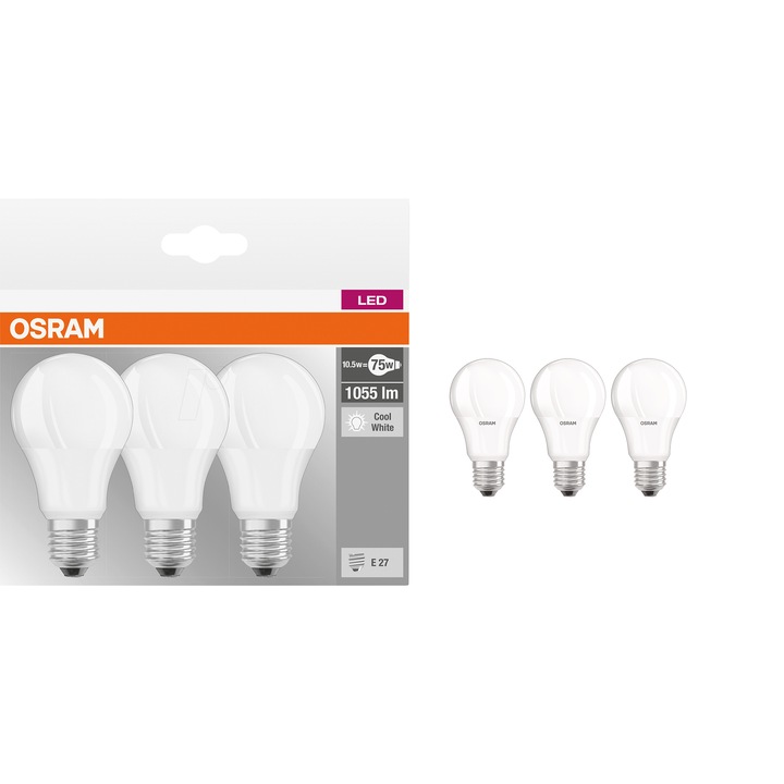 Комплект 3 LED крушки Osram Base, A75, E27, 10W (75W), 1055 лумена, неутрална Светлина (4000K), Енергиен клас F